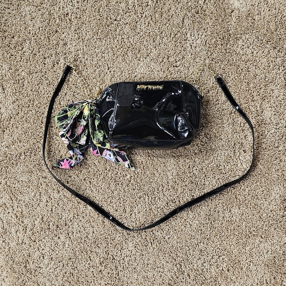 Betsey Johnson Xoanaya Black Faux Patent Leather with Scarf Crossbody Purse